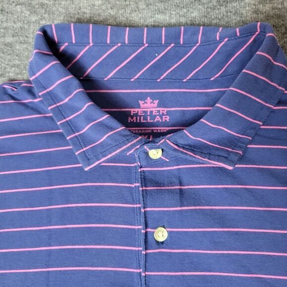 Peter Millar Men's XL Golf Polo Striped Purple Seaside Wash Crown logo Bottom - Picture 3 of 11